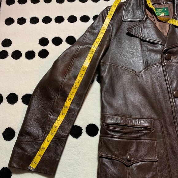 Vintage 70s Chocolate Brown Leather Retro Jacket Trench Coat Overcoat - Picture 15 of 16